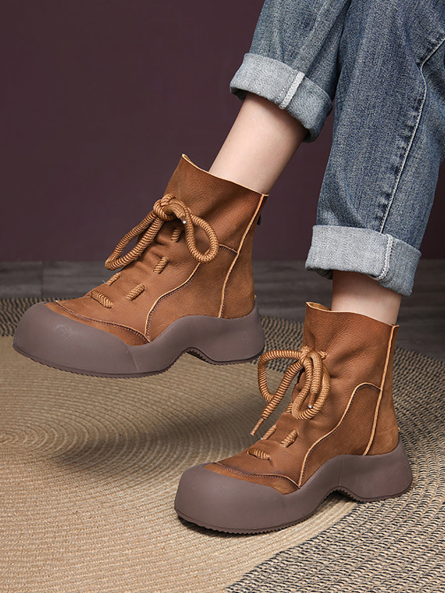 Women Winter Vintage Soft Leather Spliced Platform Boots WG001