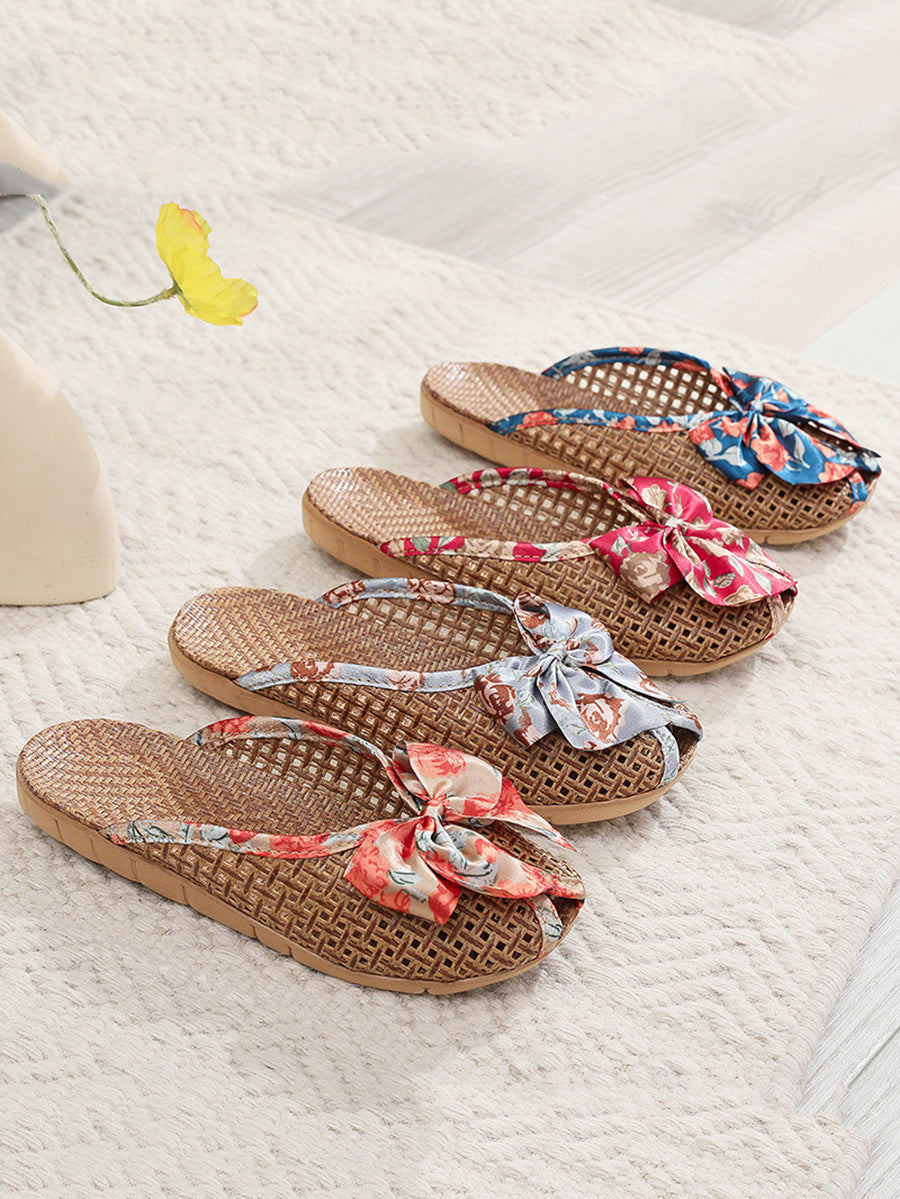 Bowknot Ethnic Weave Women Indoor Slippers Straw Flower