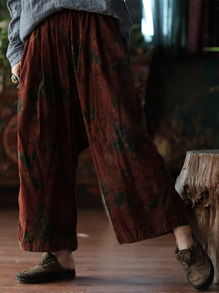 Women Autumn Retro Flower Cotton Wide-leg Pants  AS1024