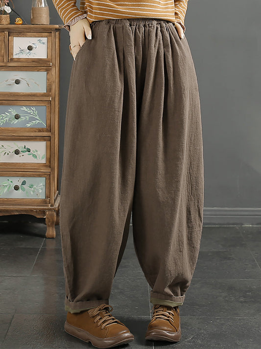 Plus Size Women Vintage Autumn 100%Linen Pure Color Harem Pants AT1072