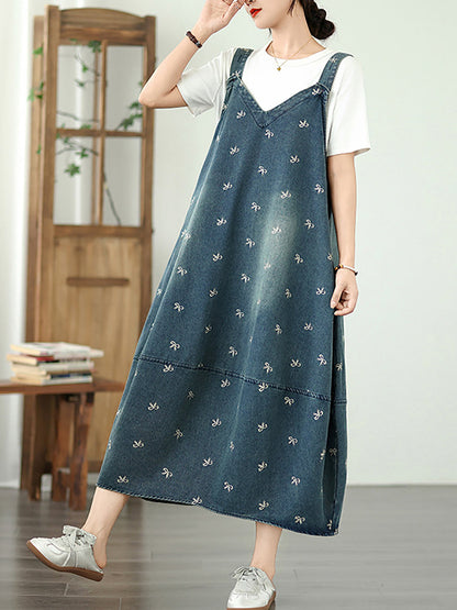Dress Overall Denim Bowknot Women Summer Embroidery