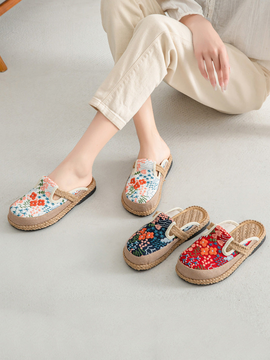 Cotton Ethnic Flower Embroidery Women Slippers Summer