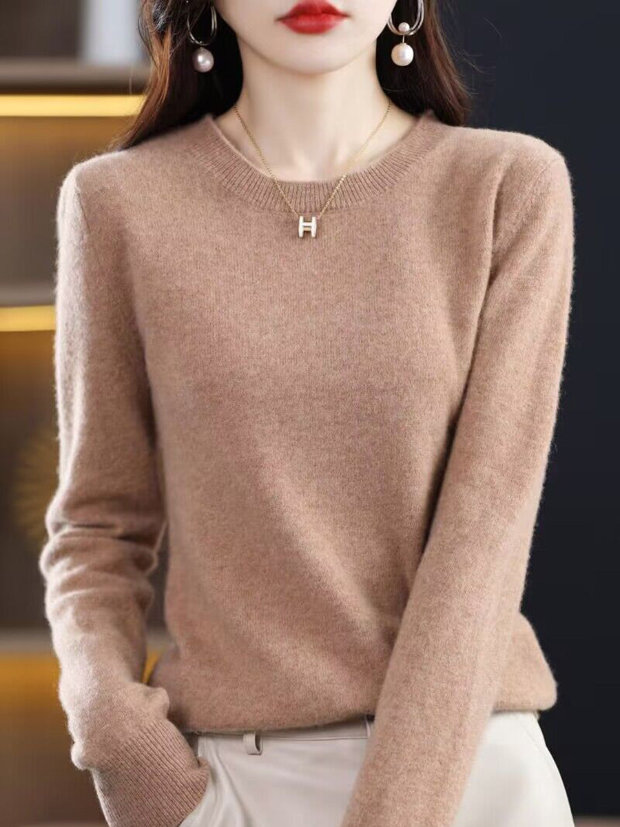 Women Autumn Solid Wool Knitted O-Neck Bottom Sweater CX058