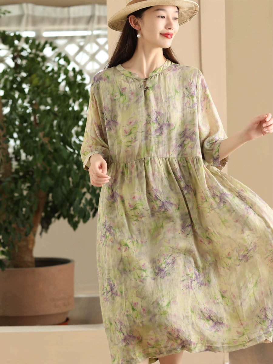 Robe d'été ample à col en V et imprimé floral pour femme LL020