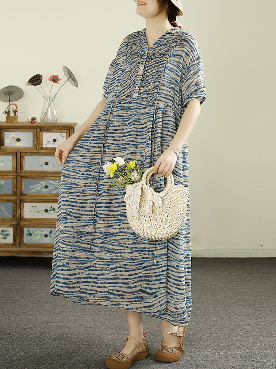 Women Summer Vintage Shirred V-Neck Ramie Loose Dress LL037