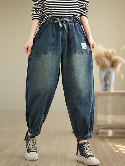 Women Casual Pockets Washed Denim Harem Pants AT1003