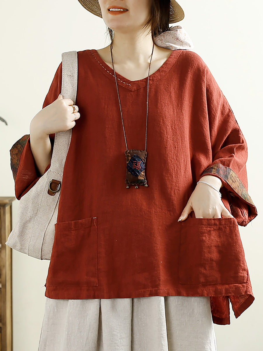 Plus Size Women Vintage Solid V-Neck 100%Linen Blouse AK1006