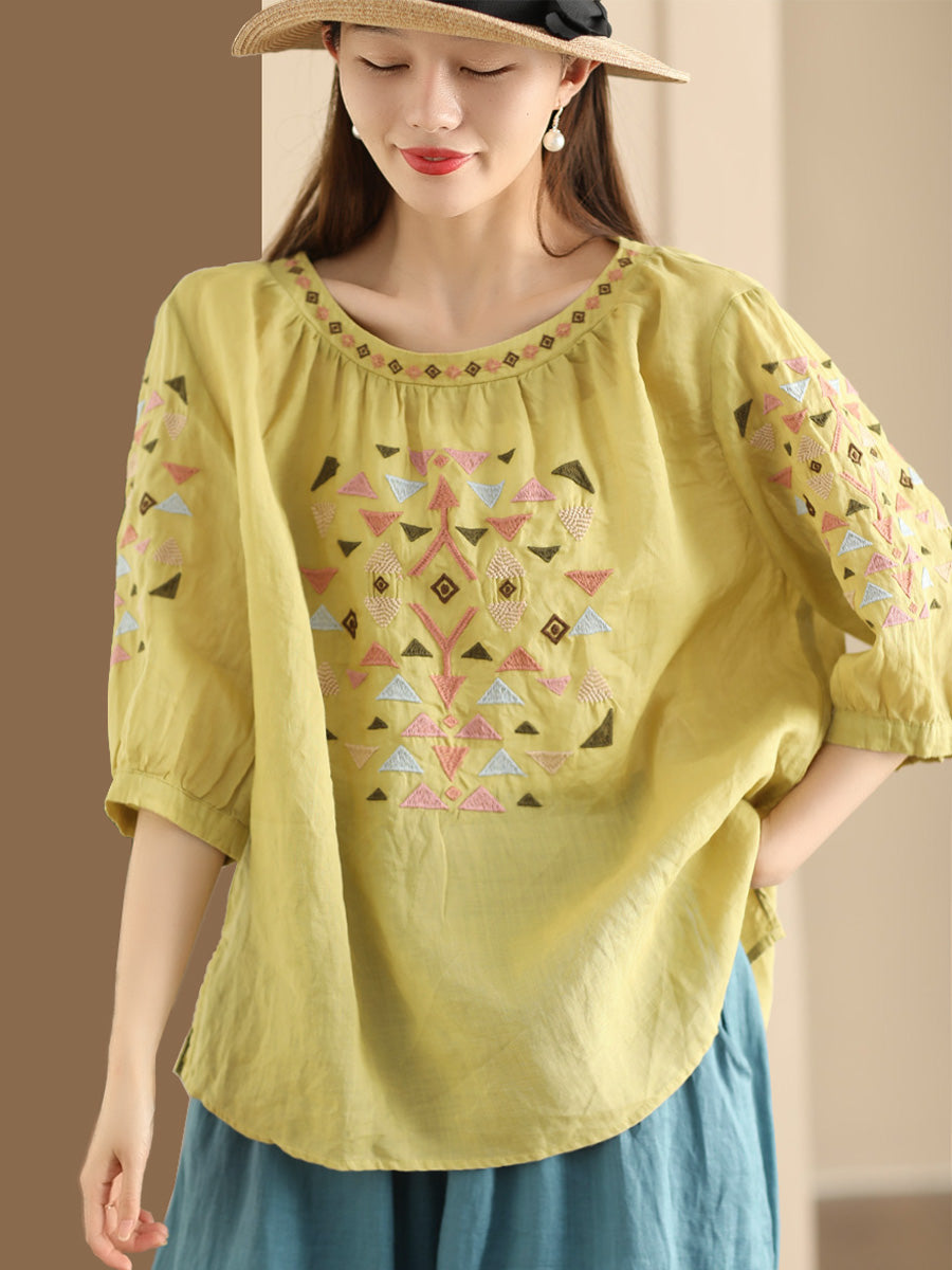 Women Summer Vintage Embroidery O-Neck Ramie Shirt OP1042