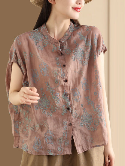 Women Summer Vintage Flower Embroidery Button Ramie Shirt OO1048