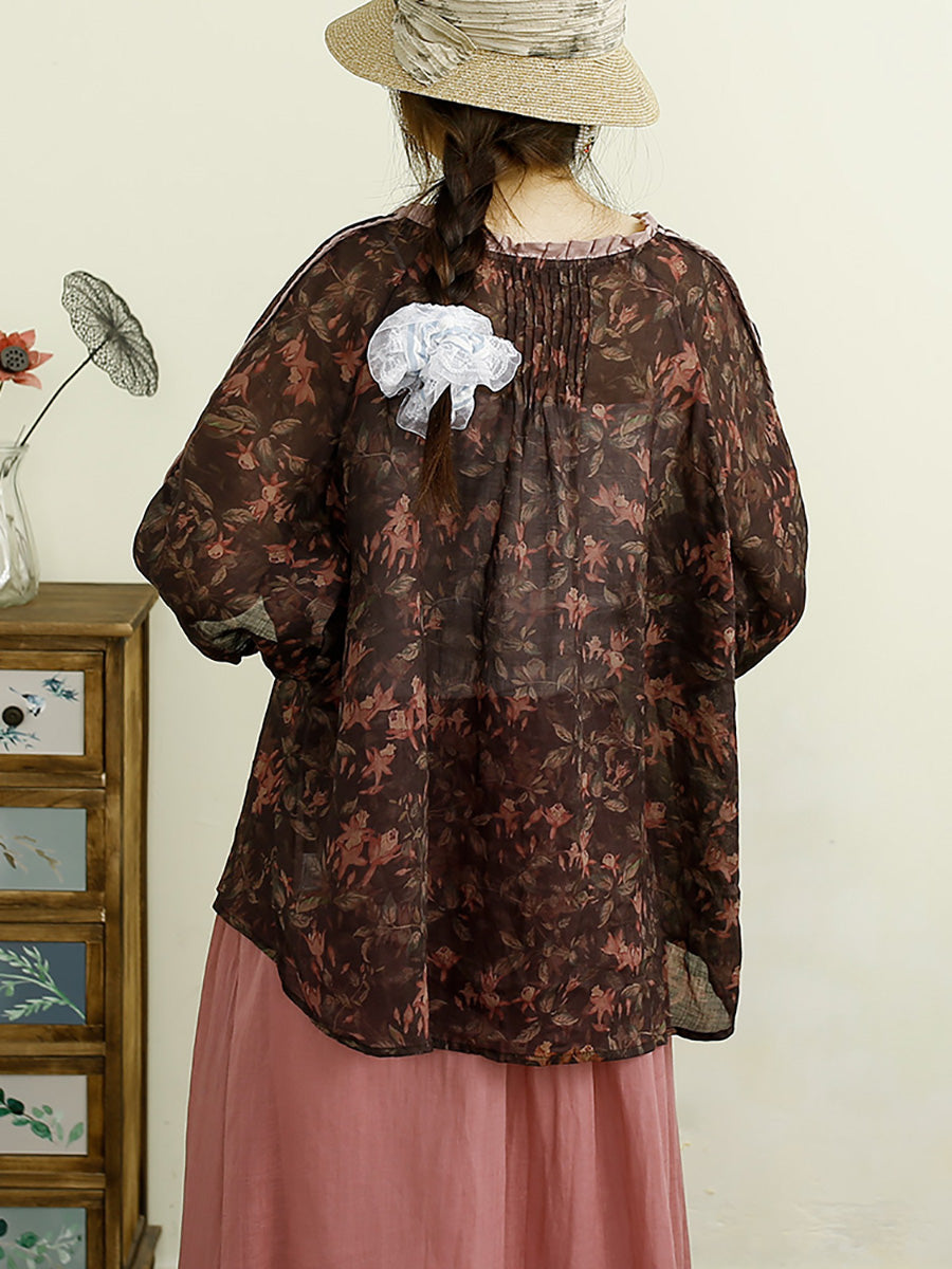 Women Summer Vintage Floral Button-up Ramie Shirt PP1012