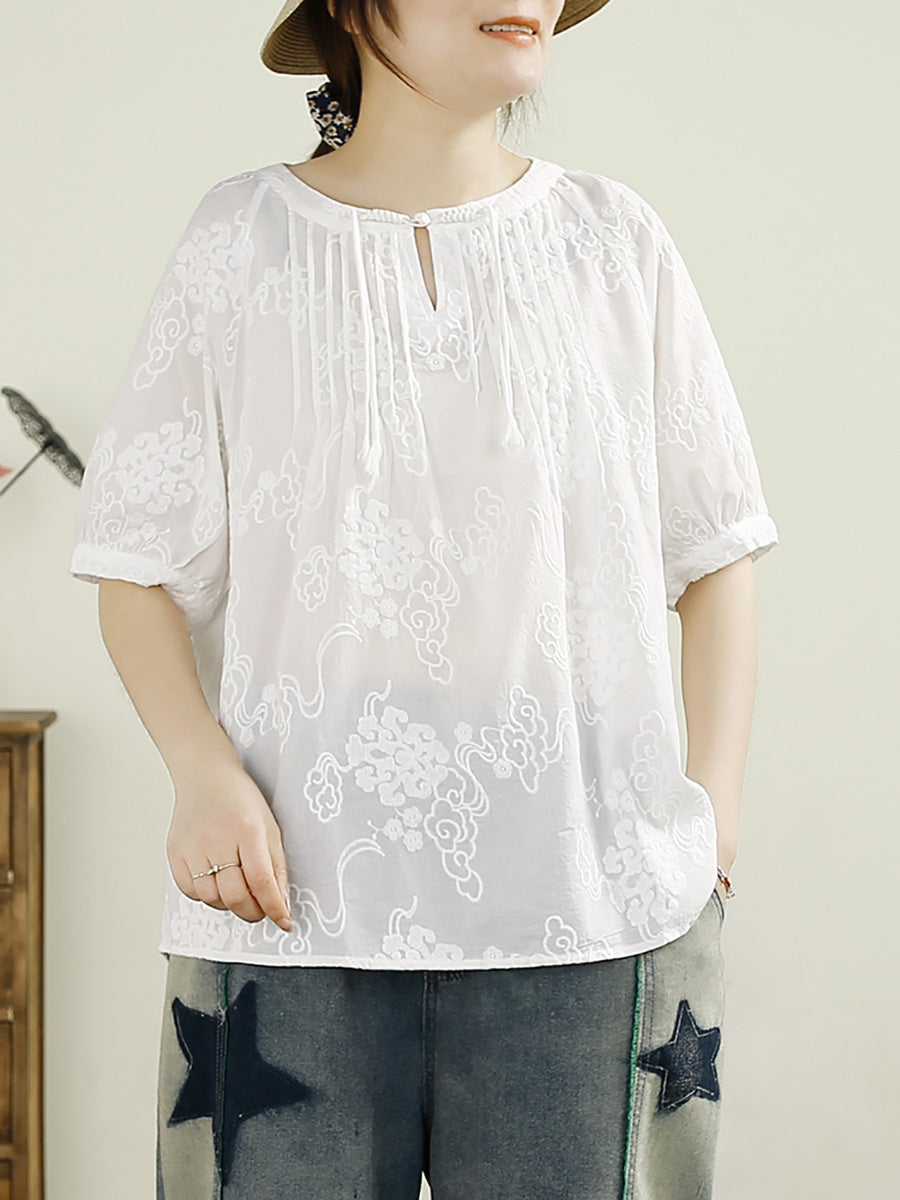 Women Summer Vintage Shirred Embroidery Cotton Shirt HH044