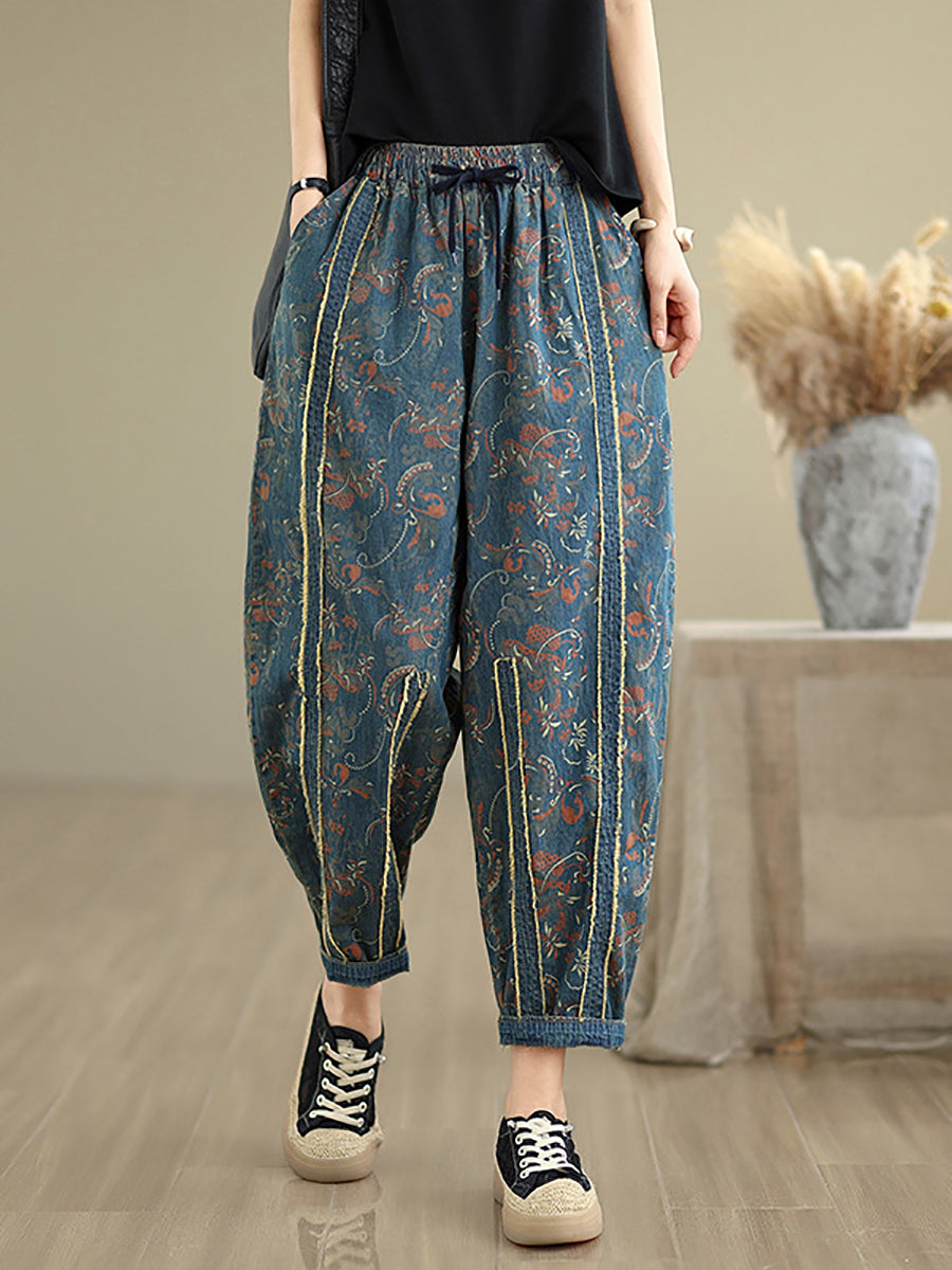 Denim Patchwork Pants Harem Women Retro Flower