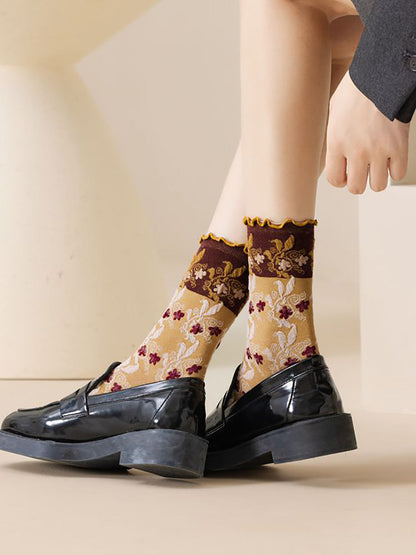 3 Pairs Women Autumn Flower Jacquard Colorblock Socks AH1023