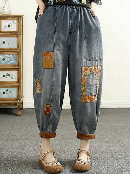 Women Summer Vintage Patch Spliced Denim Harem Pants HH040