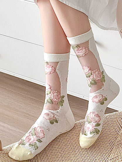 3 Pairs Women Elegant Flower Lace Spliced Thin Socks BN1032