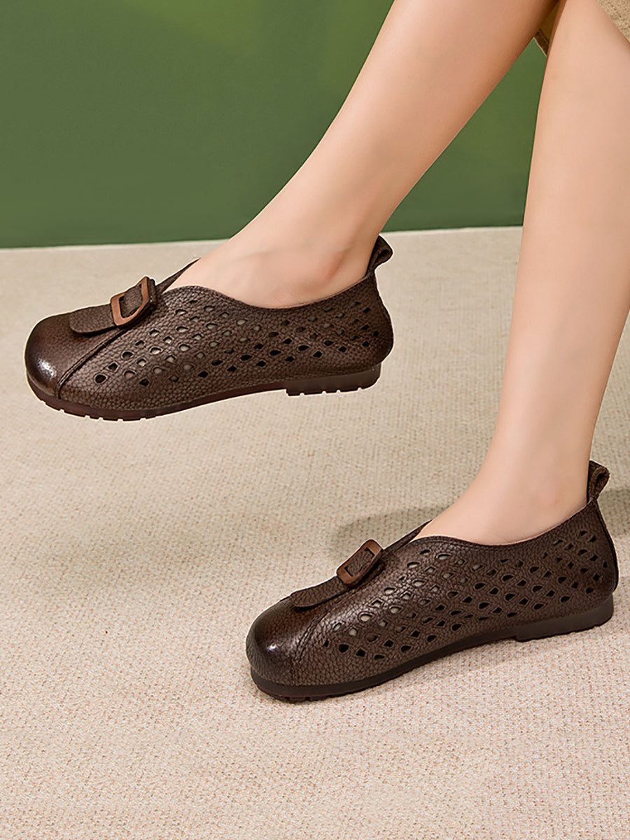 Leather Shoes Women Spliced Vintage Flat Summer