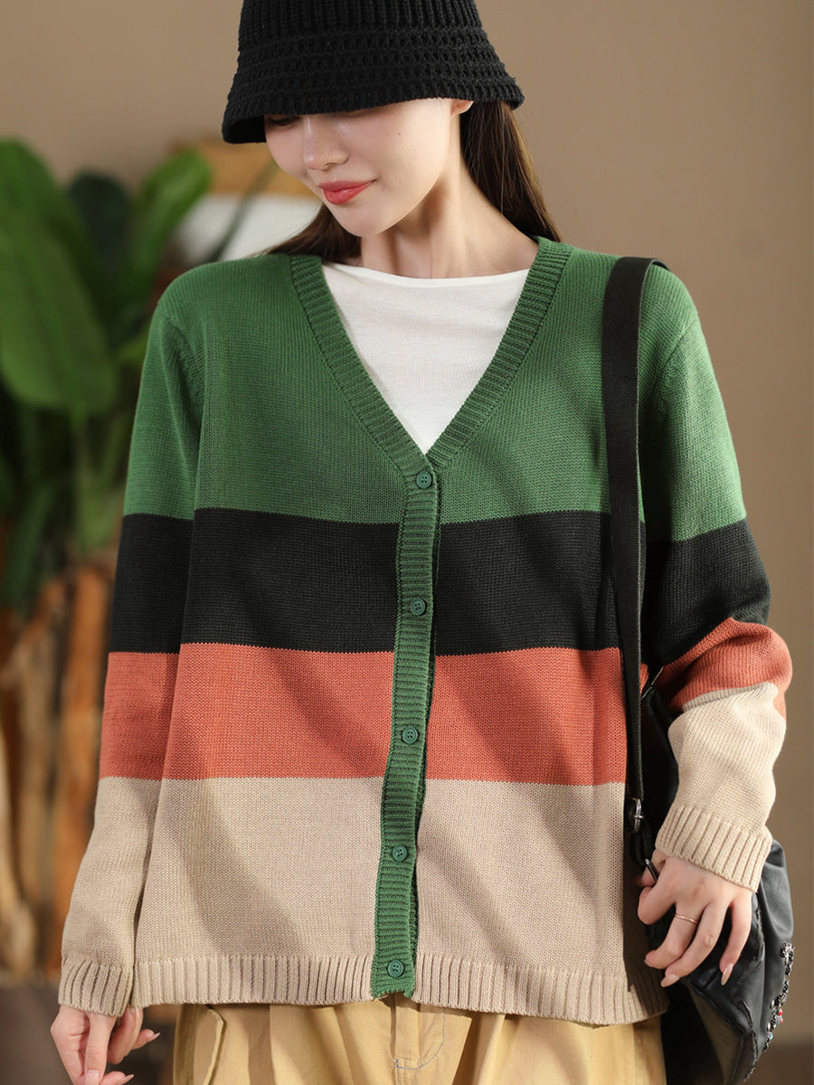 Women Autumn Colorblock V-Neck Knit Sweater AS1012