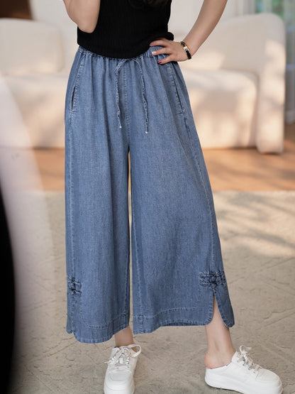 Women Summer Vintage Buckle Wide-leg Denim Pants CX031