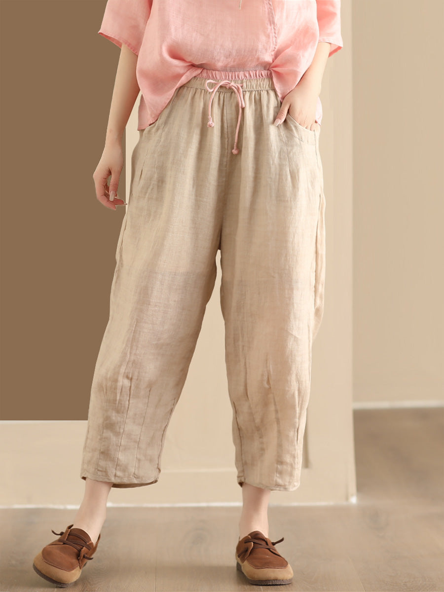 Women Summer Vintage Solid Ramie Harem Pants CX024