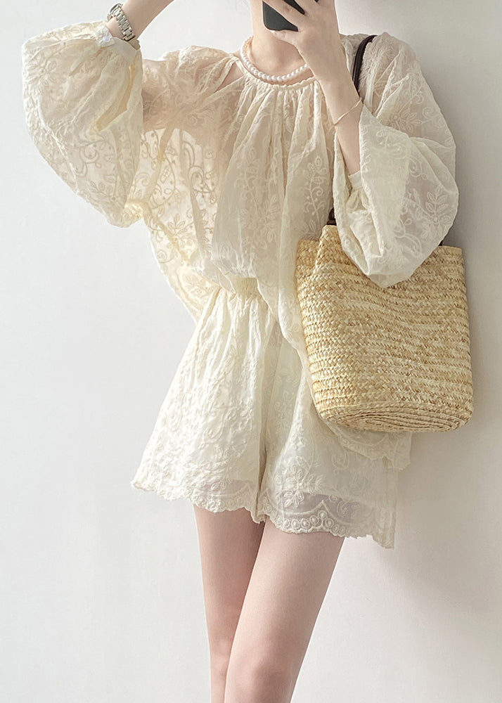 Spring Embroidered And Shorts Set Tops Two Piece Beige Art Cotton