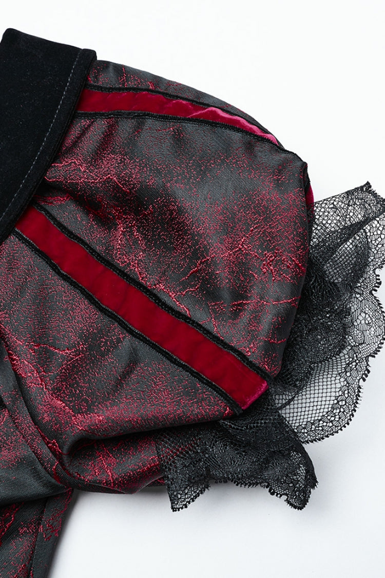 Crimson & Obsidian Short Puff Sleeves Lace-Up Gothic Dress