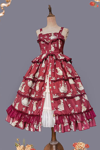 Multi-Layer Ruffle Sweet Elegant Lolita JSK Dress with Rabbit Dance Print - 4 Colors