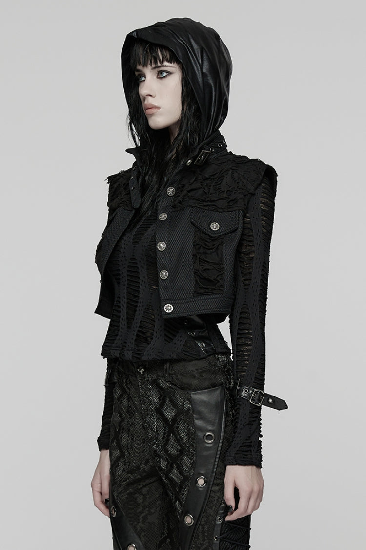Women's Black Punk Short Vest, Ripped with Buckle Details