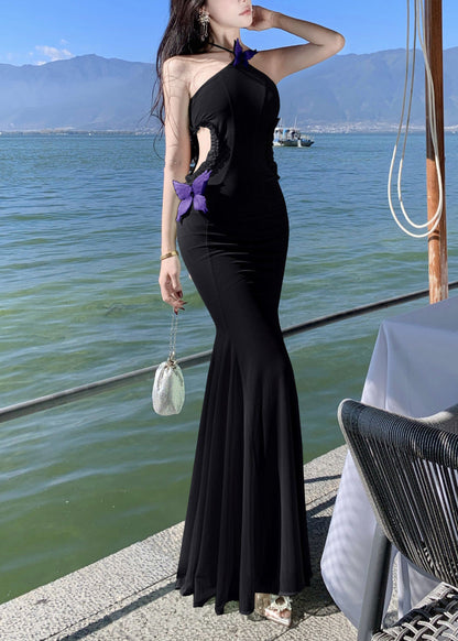 Dresses Long Sleeveless Ruffled Out Tulle Hollow Butterfly Black