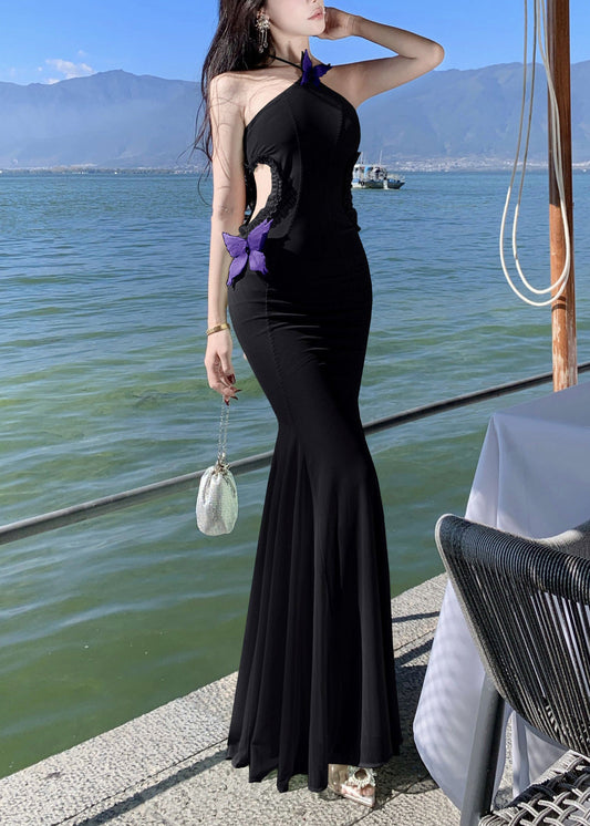 Dresses Long Sleeveless Ruffled Out Tulle Hollow Butterfly Black