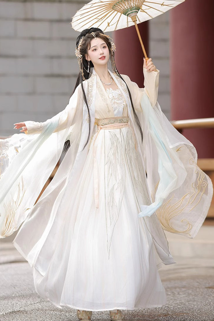 Sweet Hanfu Gown Full Set with Jacquard Print, Embroidery & Long Sleeves