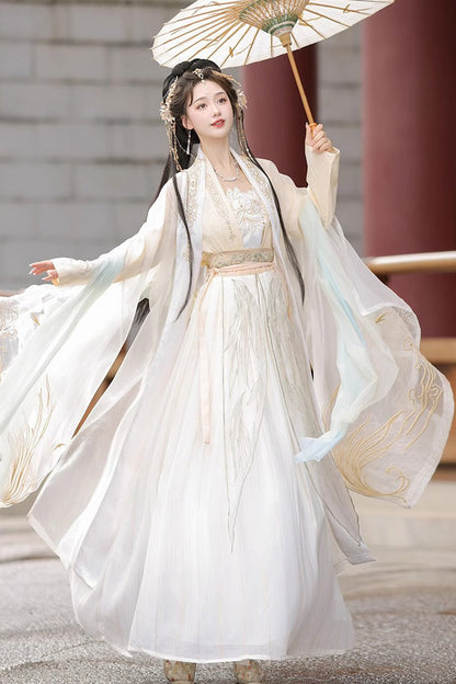 Sweet Hanfu Gown Full Set with Jacquard Print, Embroidery & Long Sleeves