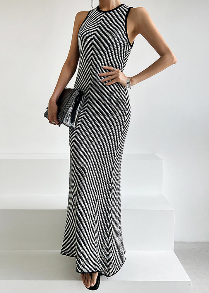 Knit Striped Sleeveless Dress Black Fit Ankle Silm