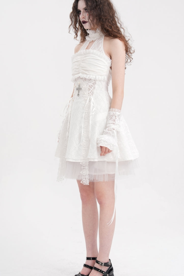 Ivory Cross Halter Neck Sleeveless Ruffled Lace Gothic Gown