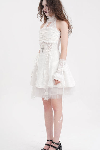 Ivory Cross Halter Neck Sleeveless Ruffled Lace Gothic Gown