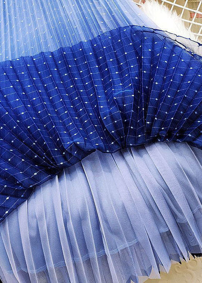 Women Blue Elastic Waist Sequins Gradient Color Tulle Pleated Skirt Spring AJ1003