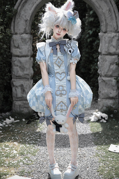 Azure Dedicated to Alice Square Collar Short Sleeve Jacquard Print Ruffled Bow Lolita Set