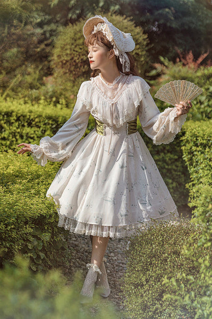 Floral Print Sweet Lolita OP Dress with Ruffled Lantern Sleeves & Lace Round Collar, Cream