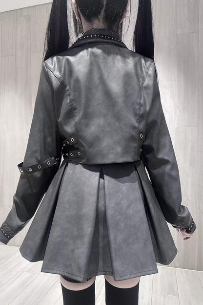 Japanese Handsome Top and Skirt Set with Studded Eyelet in Black