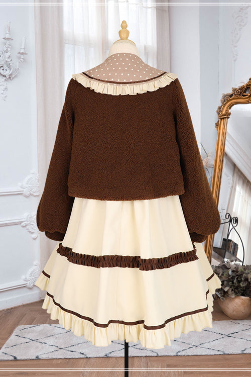 Sweet Lolita OP Gown with Round Collar, Lantern Sleeves & Cute Bear Motif