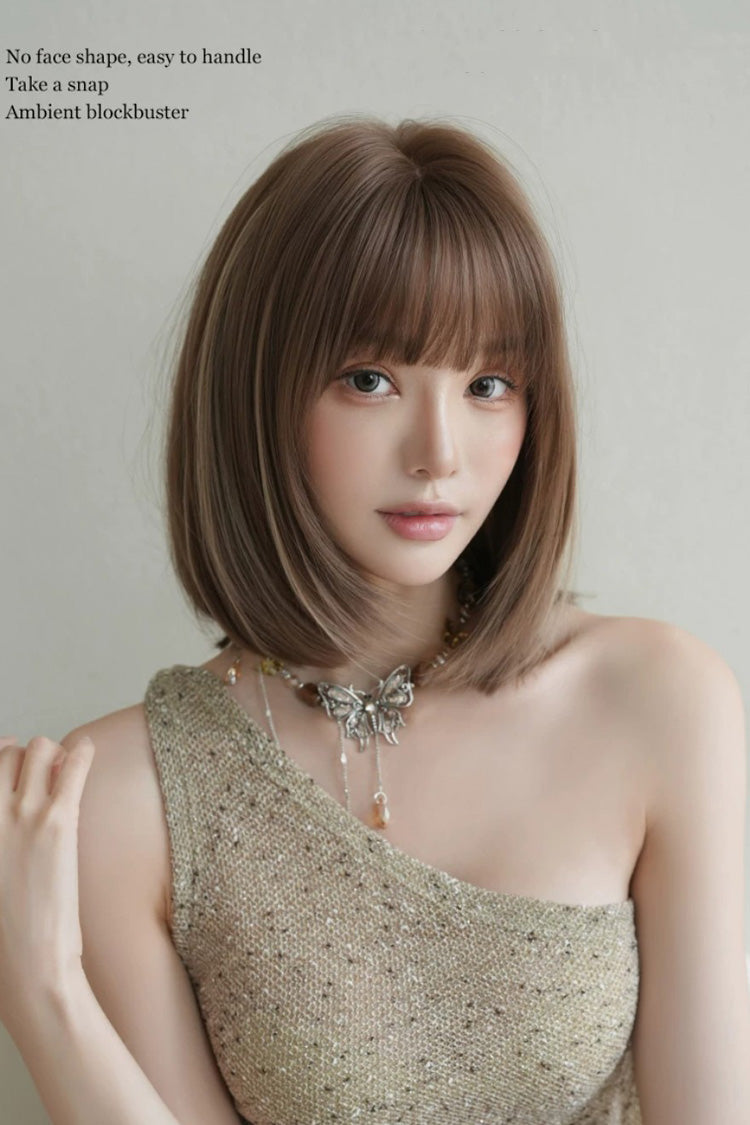 Fluffy Age-Reducing Clavicle Bob Lolita Wig with Highlights - Brown Beige