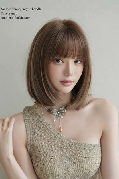 Fluffy Age-Reducing Clavicle Bob Lolita Wig with Highlights - Brown Beige