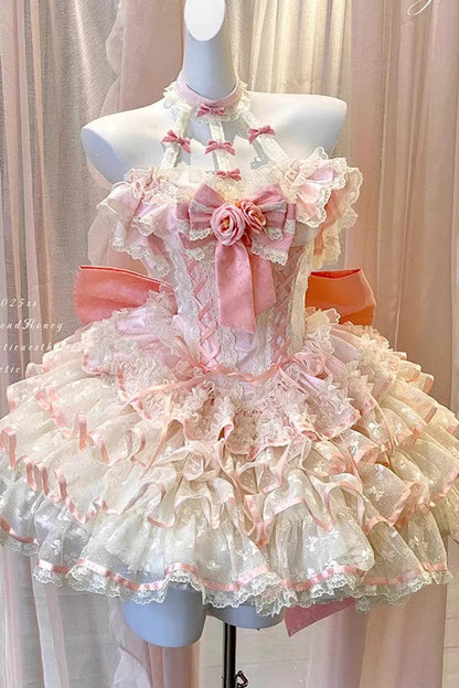 Blush Halter Multi-Tier Ruffle Bow Rose Lace-Up Ballerina JSK - Flower Language of Eros