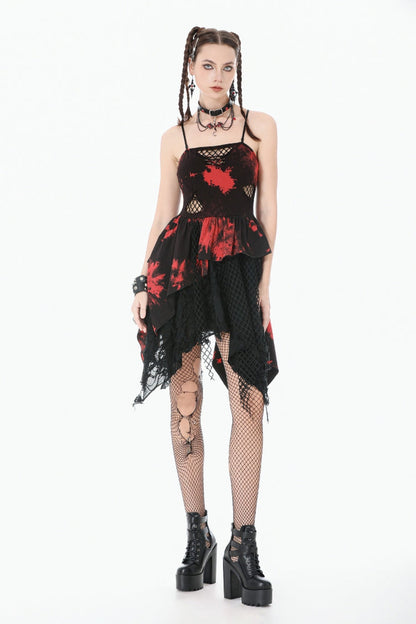 Crimson & Obsidian Sleeveless Irregular Mesh Tie Dye Punk Slip Dress