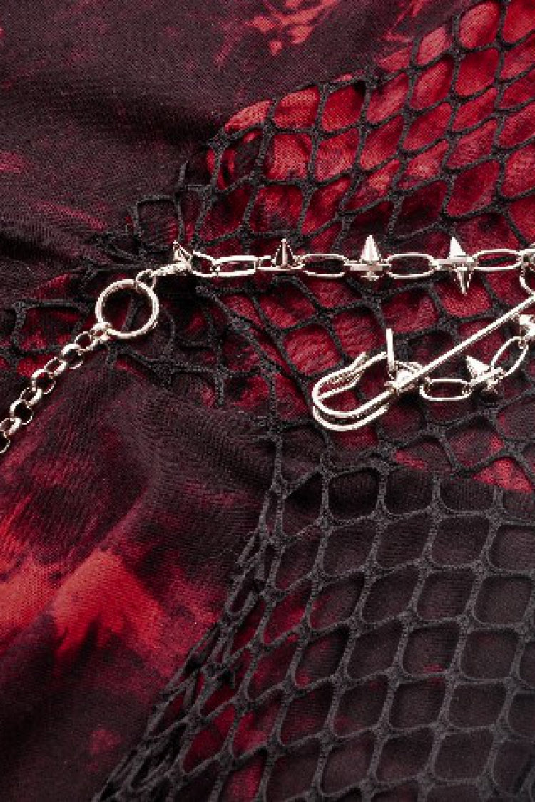 Crimson Punk Slip Dress with Asymmetric Tie-Dye and Mesh Hem