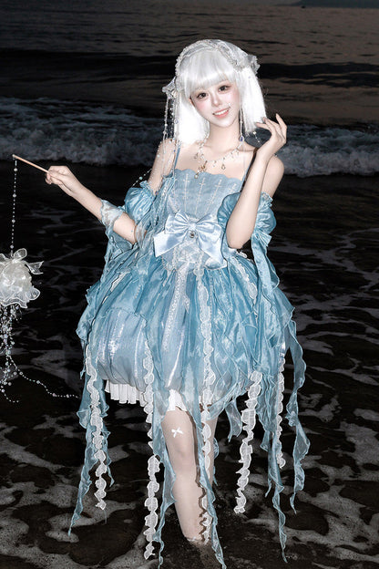 Dreamy Jellyfish Square Collar Printed Ruffled Lace JSK Set