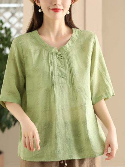 Women Summer Artsy Flower Stand Collar Ramie Shirt LL040