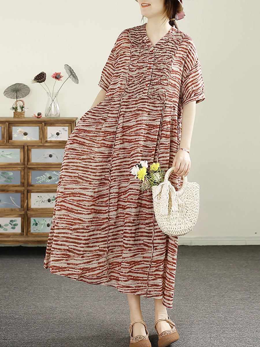 Women Summer Vintage Shirred V-Neck Ramie Loose Dress LL037