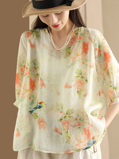 Women Summer Flower V-Neck Ramie Loose Shirt OO1035