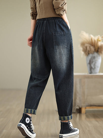 Women Autumn Spliced Casual Loose Denim Harem Pants AT1064