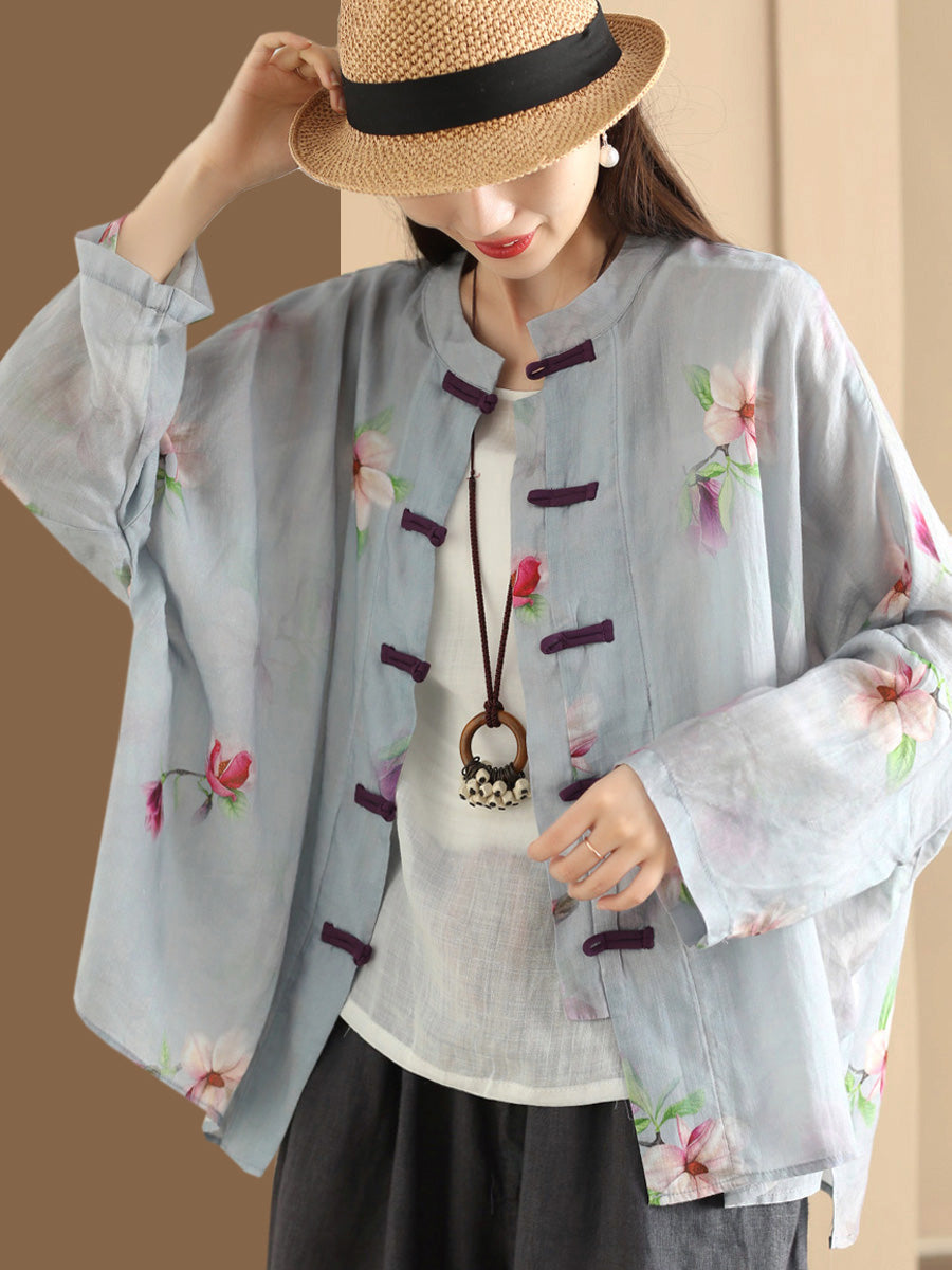 Women Summer Artsy Flower Button-Up Ramie Shirt HH016